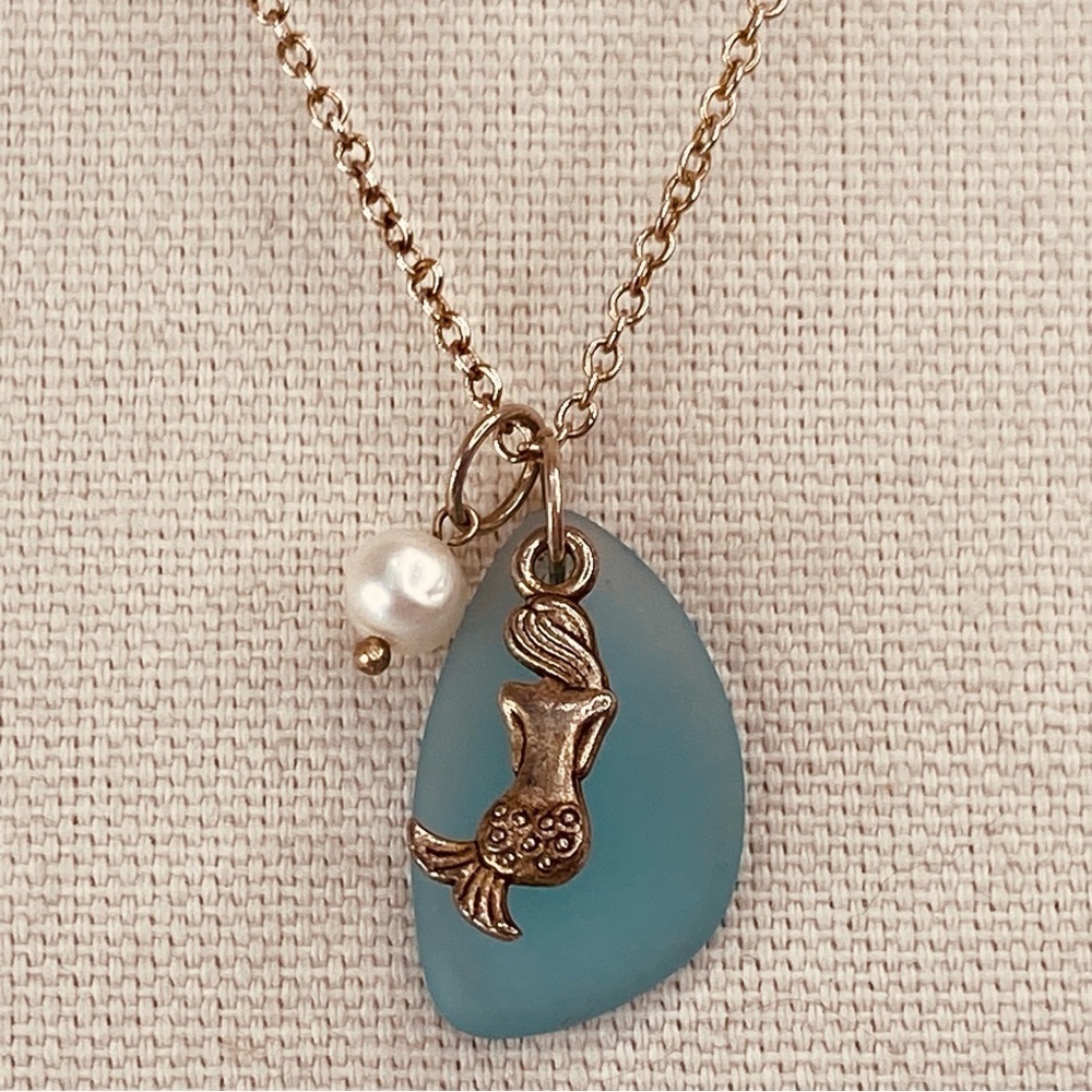 Blue Sea Glass, Mermaid & Freshwater Pearl Charm Pendant Necklace
